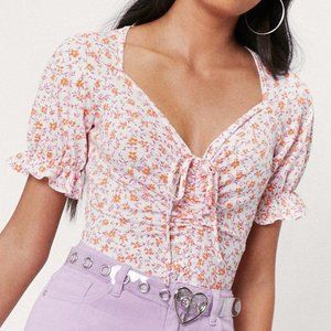 NWT Nasty Gal Ruched Floral Print Puff Sleeve Bodysuit - Size 4